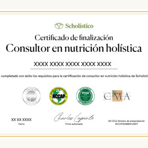 Certificado oficial del curso de certificación de consultor en nutrición holística