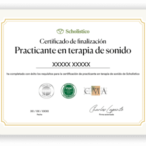 Certificado oficial del curso de certificación de practicante en terapia de sonido